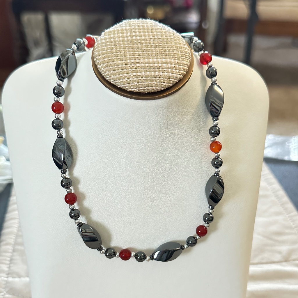 Hematite & Carnelian Necklace W/Small Silver Tone Beads Genuine Crystals Lobster